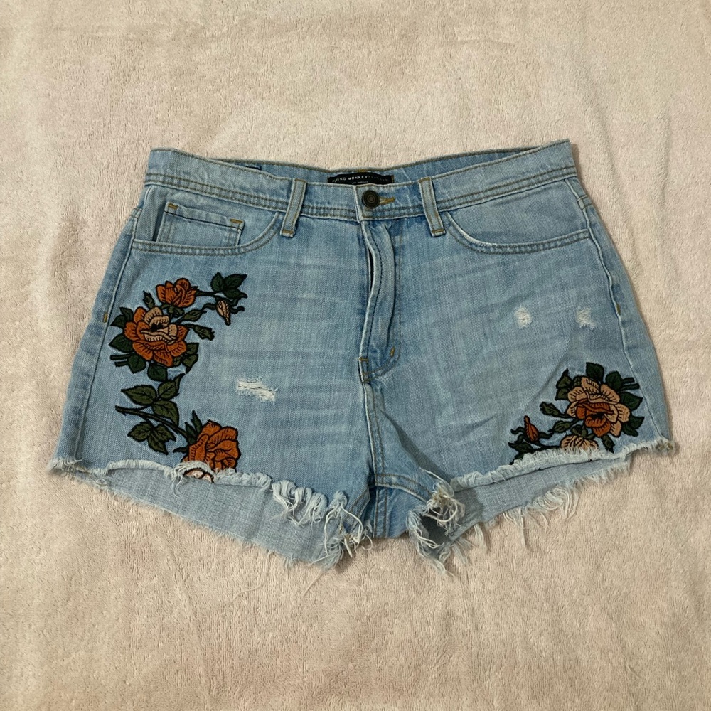 Flying Monkey Floral Embroidered Cutoff Jean Shorts